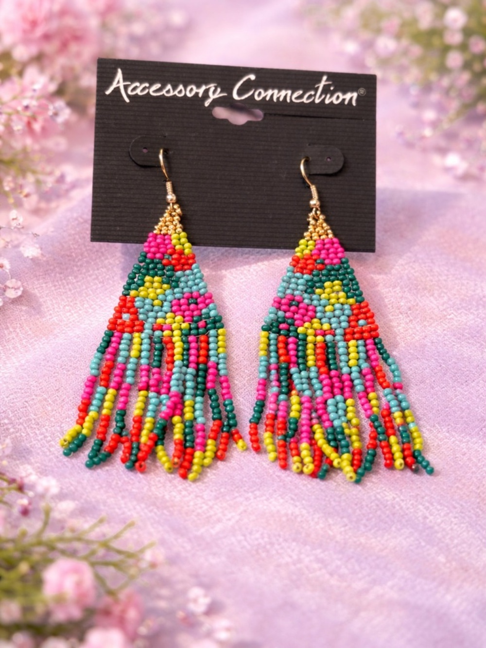 Multicolor Beaded Fringe Earrings - Vibrant Pink, Teal & Yellow